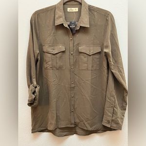 Hollister olive with ombré gold dots, sheer fabric button down collared shirt, M